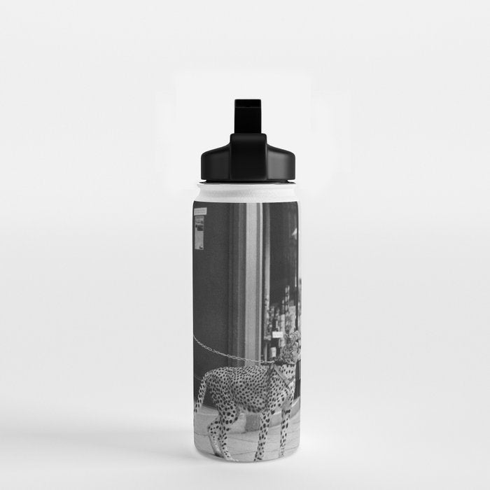 Woman with Cheetah, Phyllis Gordon, with her pet Kenyan cheetah, Paris, France black and white photo Water Bottle Gallery Image 2