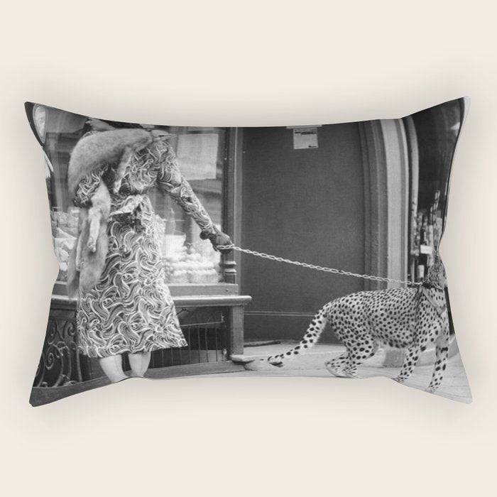 Woman with Cheetah, Phyllis Gordon, with her pet Kenyan cheetah, Paris, France black and white photo Rectangular Pillow Gallery Image 2