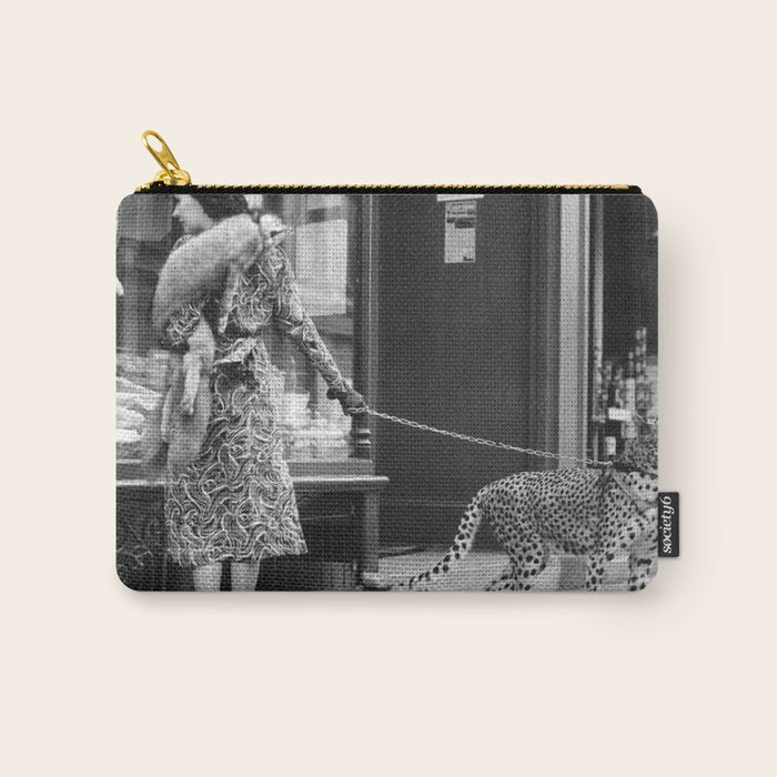 Woman with Cheetah, Phyllis Gordon, with her pet Kenyan cheetah, Paris, France black and white photo Carry All Pouch Gallery Image 1
