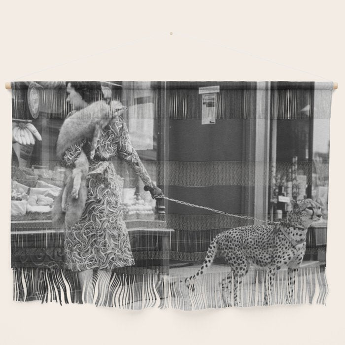 Woman with Cheetah, Phyllis Gordon, with her pet Kenyan cheetah, Paris, France black and white photo Wall Hanging Gallery Image 1