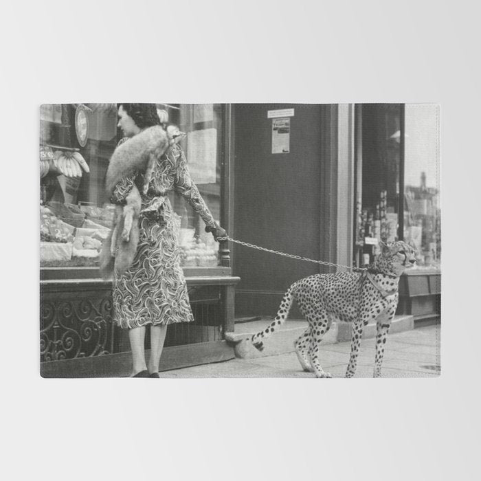 Woman with Cheetah, Phyllis Gordon, with her pet Kenyan cheetah, Paris, France black and white photo Rug Gallery Image 2