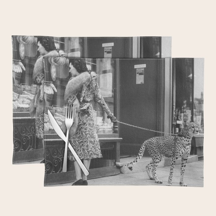 Woman with Cheetah, Phyllis Gordon, with her pet Kenyan cheetah, Paris, France black and white photo Placemat Gallery Image 1