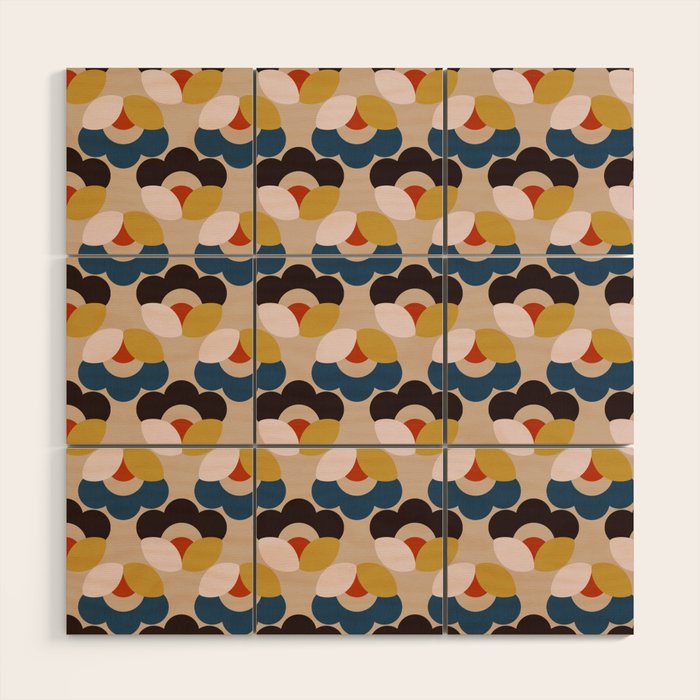 Mod Retro Floral Geometry in Navy Brown and Gold Wood Wall Art Gallery Image 1