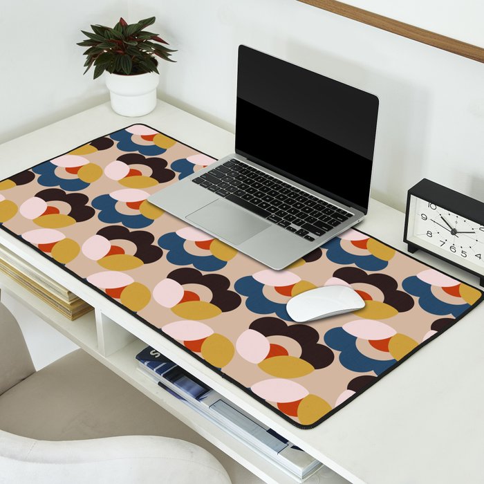 Mod Retro Floral Geometry in Navy Brown and Gold Desk Mat Gallery Image 2