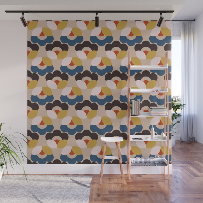 Mod Retro Floral Geometry in Navy Brown and Gold Wall Mural Gallery Image 1