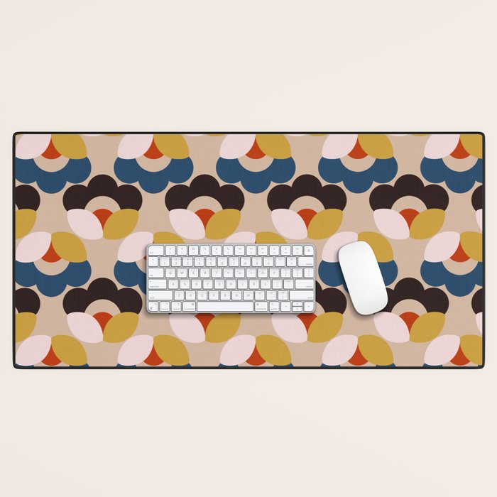 Mod Retro Floral Geometry in Navy Brown and Gold Desk Mat Gallery Image 1