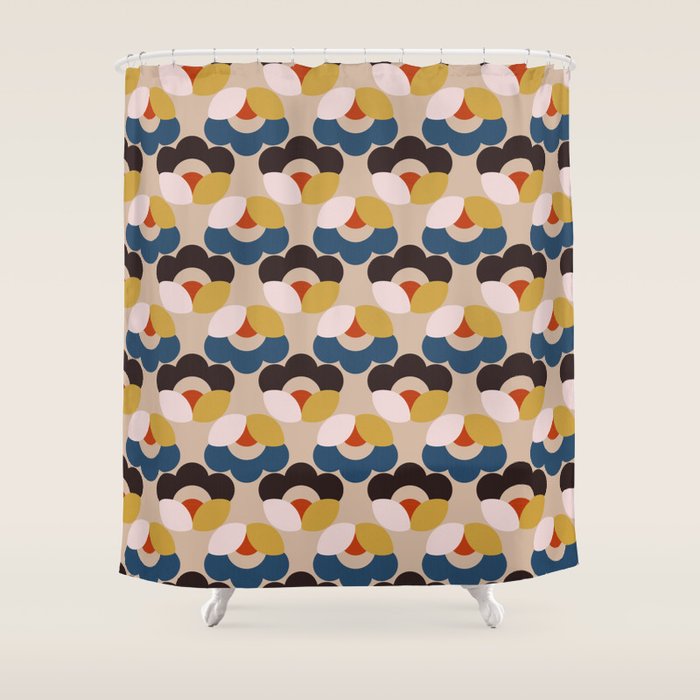 Mod Retro Floral Geometry in Navy Brown and Gold Shower Curtain Gallery Image 1
