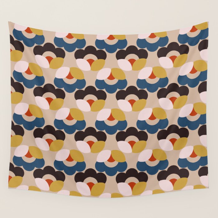 Mod Retro Floral Geometry in Navy Brown and Gold Wall Tapestry Gallery Image 4