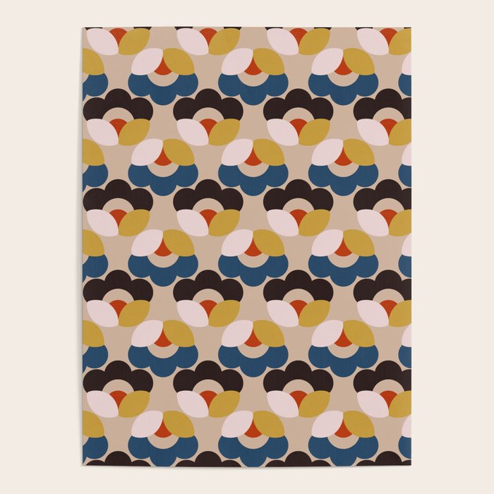 Mod Retro Floral Geometry in Navy Brown and Gold Poster Gallery Image 1