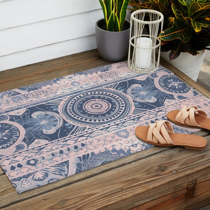 Ancient Pattern (pink & navy) Outdoor Rug Gallery Image 2