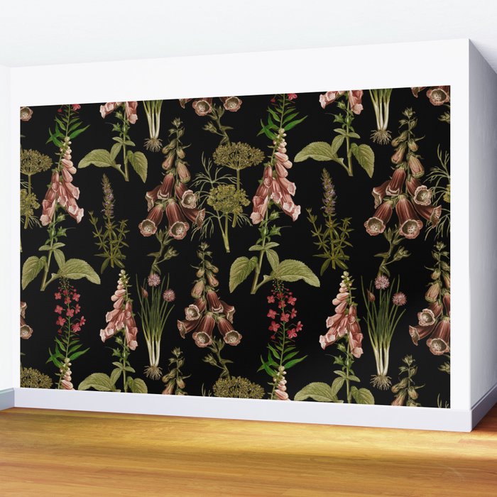 Vintage Botanical Springflowers And Herbs Midnight Garden Wall Mural Gallery Image 2
