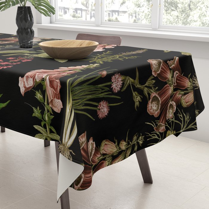 Vintage Botanical Springflowers And Herbs Midnight Garden Tablecloth Gallery Image 3