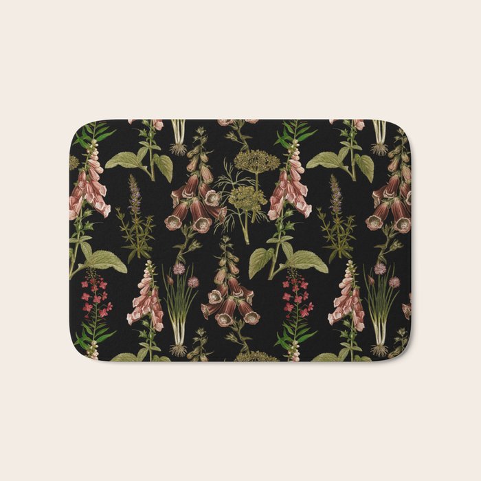 Vintage Botanical Springflowers And Herbs Midnight Garden Bath Mat Gallery Image 1