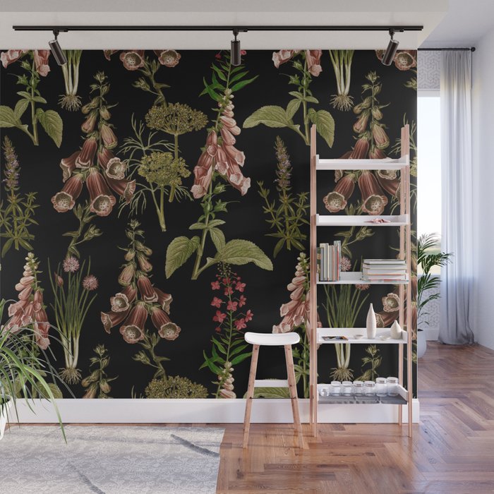 Vintage Botanical Springflowers And Herbs Midnight Garden Wall Mural Gallery Image 1