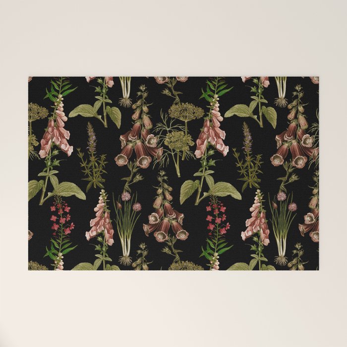 Vintage Botanical Springflowers And Herbs Midnight Garden Welcome Mat Gallery Image 1