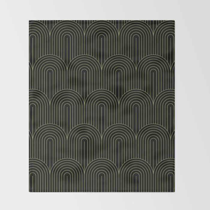 Art Deco Arch Pattern I Black & Neutral Green Throw Blanket Gallery Image 2