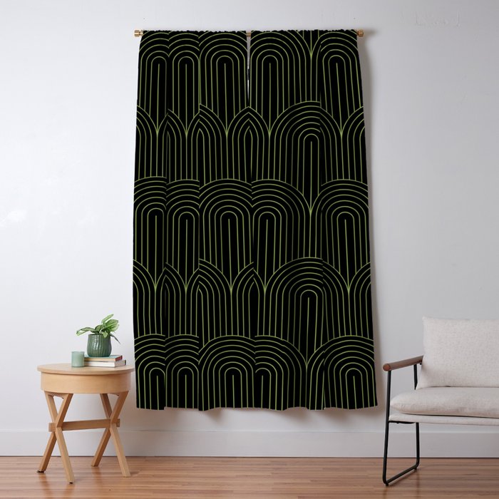 Art Deco Arch Pattern I Black & Neutral Green Window Curtain Gallery Image 1
