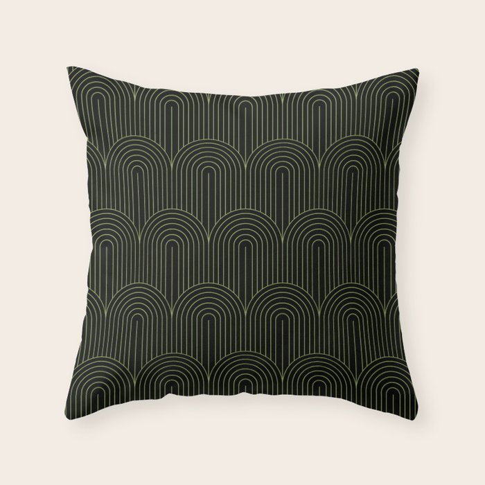Art Deco Arch Pattern I Black & Neutral Green Throw Pillow Gallery Image 1
