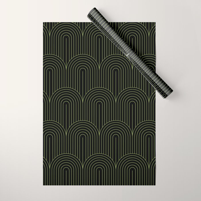 Art Deco Arch Pattern I Black & Neutral Green Wrapping Paper Gallery Image 1
