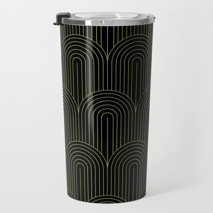 Art Deco Arch Pattern I Black & Neutral Green Travel Mug Gallery Image 3