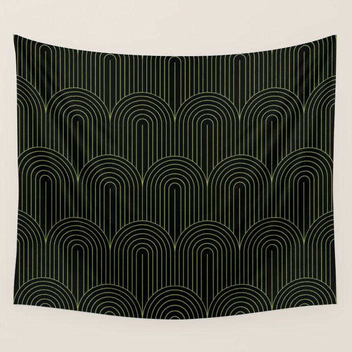 Art Deco Arch Pattern I Black & Neutral Green Wall Tapestry Gallery Image 4