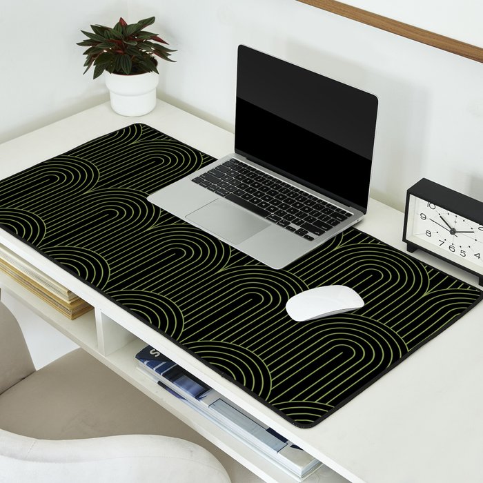 Art Deco Arch Pattern I Black & Neutral Green Desk Mat Gallery Image 2