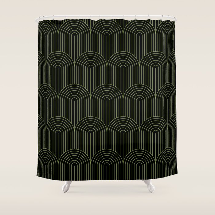 Art Deco Arch Pattern I Black & Neutral Green Shower Curtain Gallery Image 1