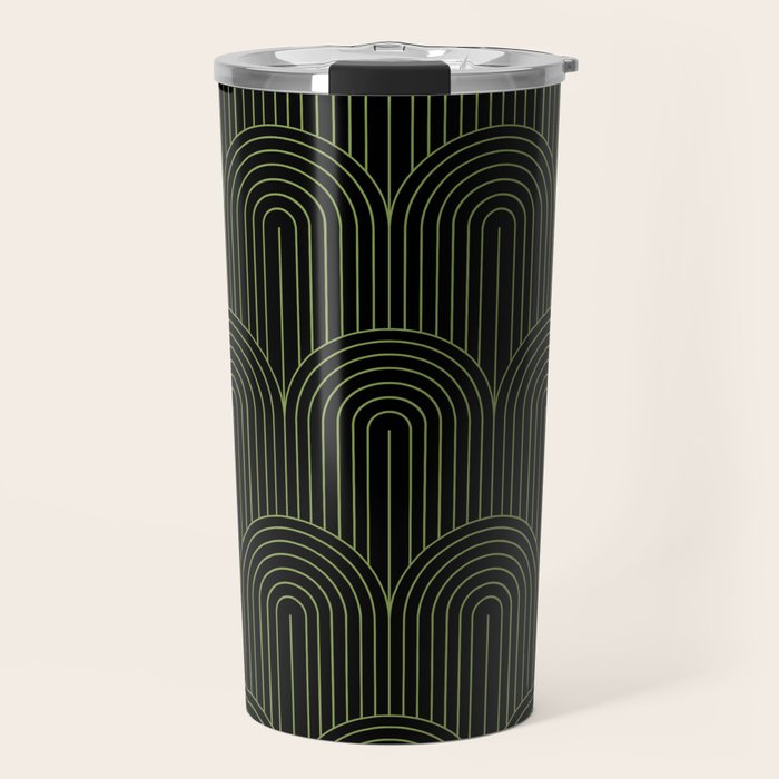 Art Deco Arch Pattern I Black & Neutral Green Travel Mug Gallery Image 1