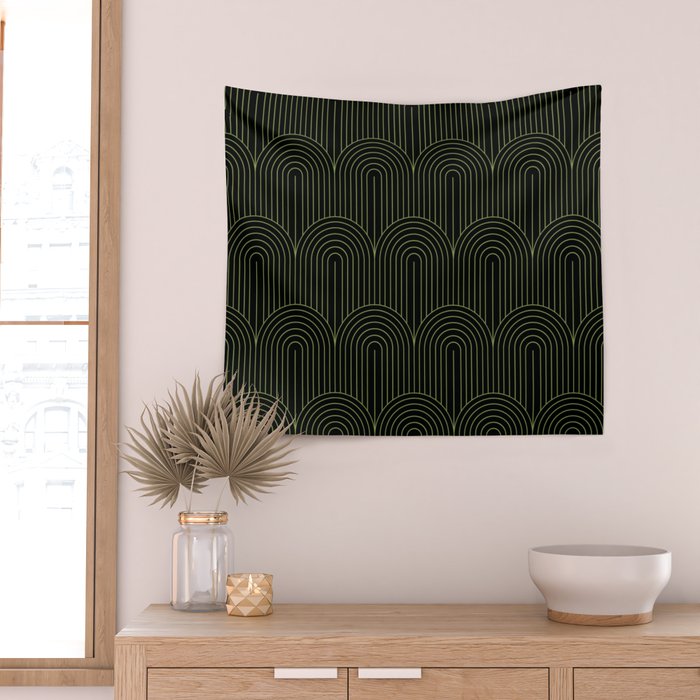 Art Deco Arch Pattern I Black & Neutral Green Wall Tapestry Gallery Image 2