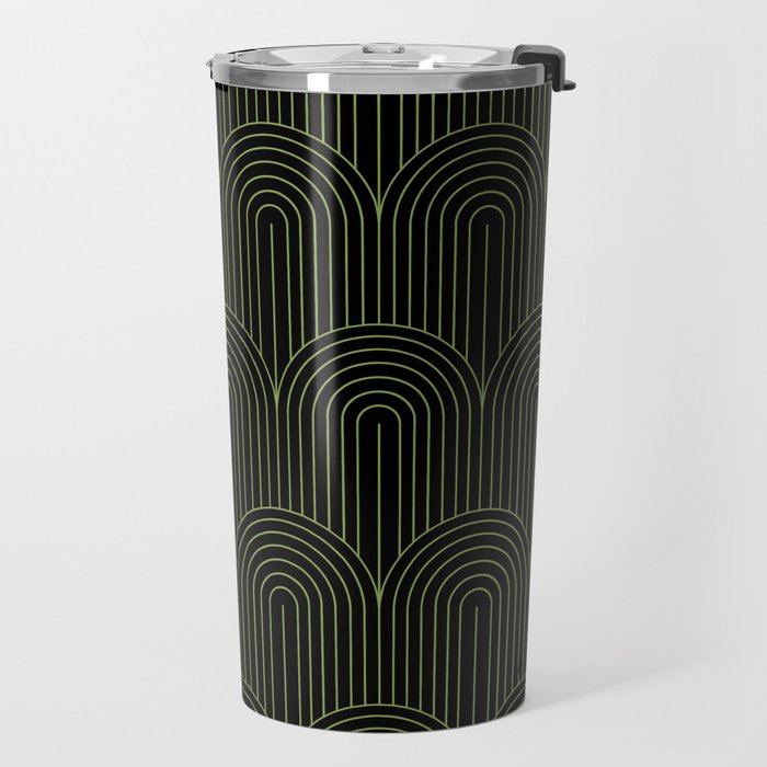 Art Deco Arch Pattern I Black & Neutral Green Travel Mug Gallery Image 2