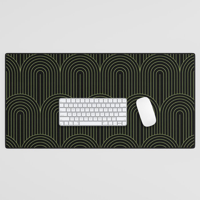 Art Deco Arch Pattern I Black & Neutral Green Desk Mat Gallery Image 1