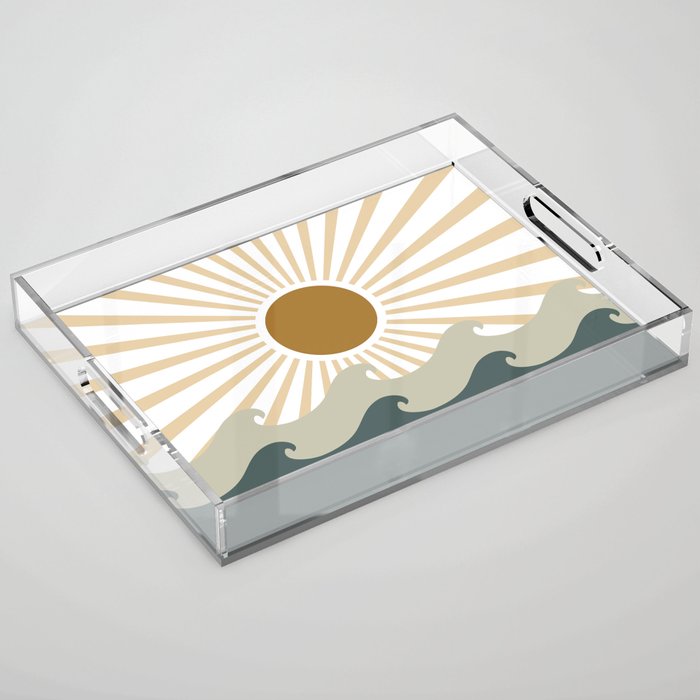 Retro, Sun and Waves, Green and Gold Acrylic Tray Gallery Image 1