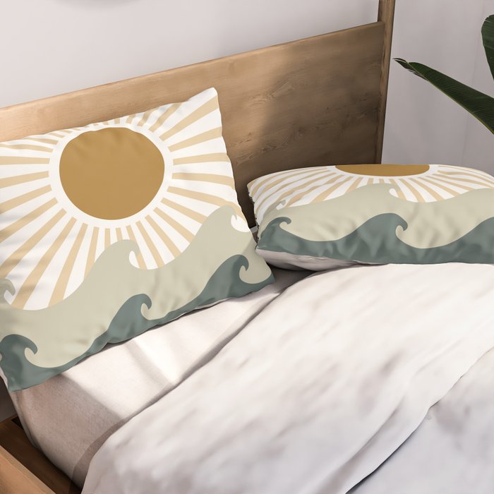 Retro, Sun and Waves, Green and Gold Pillow Sham Gallery Image 2