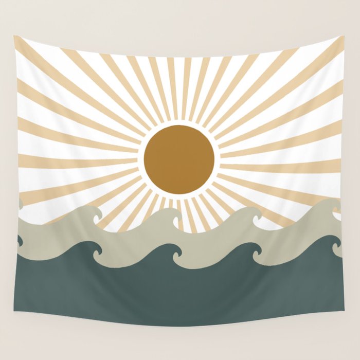 Retro, Sun and Waves, Green and Gold Wall Tapestry Gallery Image 4