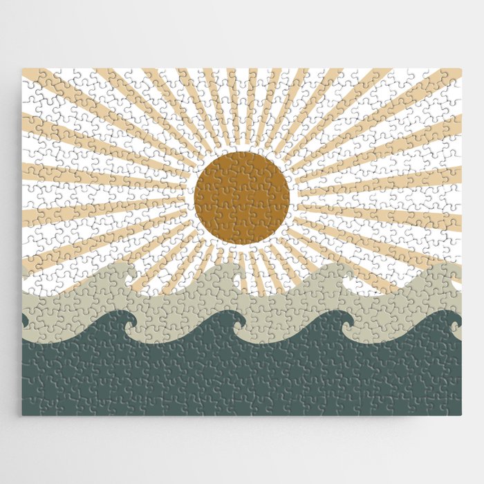 Retro, Sun and Waves, Green and Gold Jigsaw Puzzle Gallery Image 1