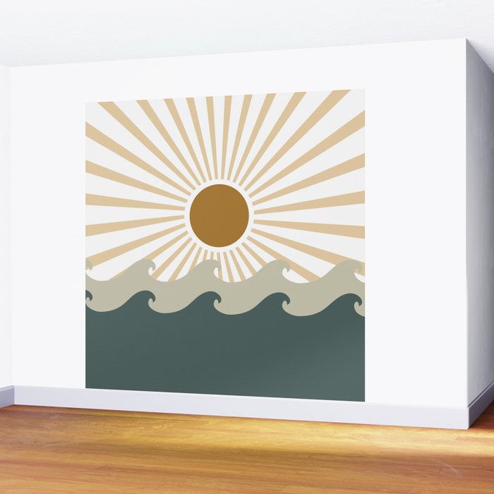 Retro, Sun and Waves, Green and Gold Wall Mural Gallery Image 2