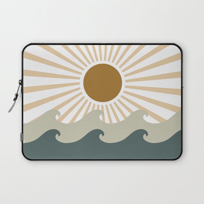 Retro, Sun and Waves, Green and Gold Laptop Sleeve Gallery Image 1