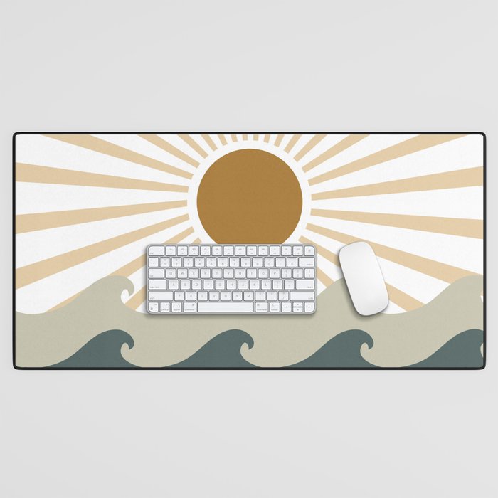 Retro, Sun and Waves, Green and Gold Desk Mat Gallery Image 1