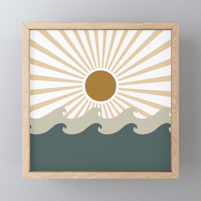 Retro, Sun and Waves, Green and Gold Mini Art Print Gallery Image 1