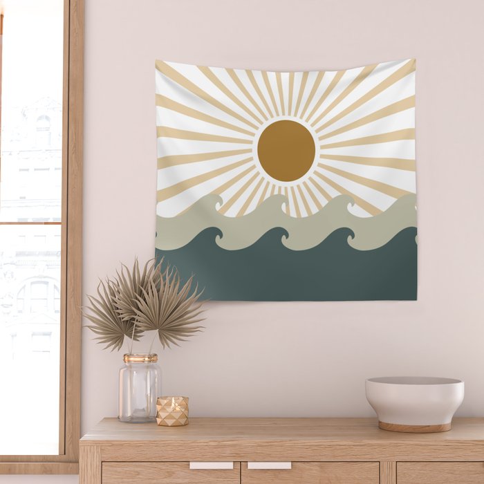 Retro, Sun and Waves, Green and Gold Wall Tapestry Gallery Image 2