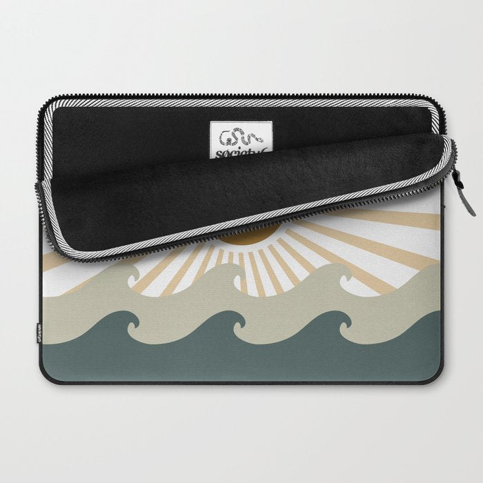 Retro, Sun and Waves, Green and Gold Laptop Sleeve Gallery Image 2