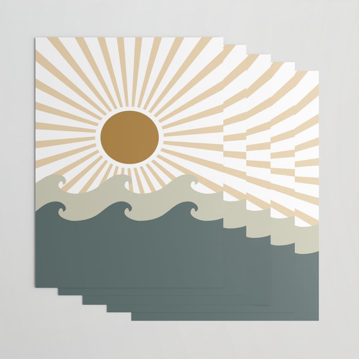 Retro, Sun and Waves, Green and Gold Wrapping Paper Gallery Image 3