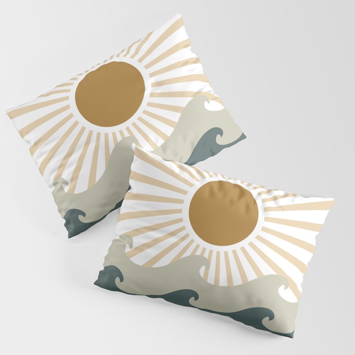 Retro, Sun and Waves, Green and Gold Pillow Sham Gallery Image 3