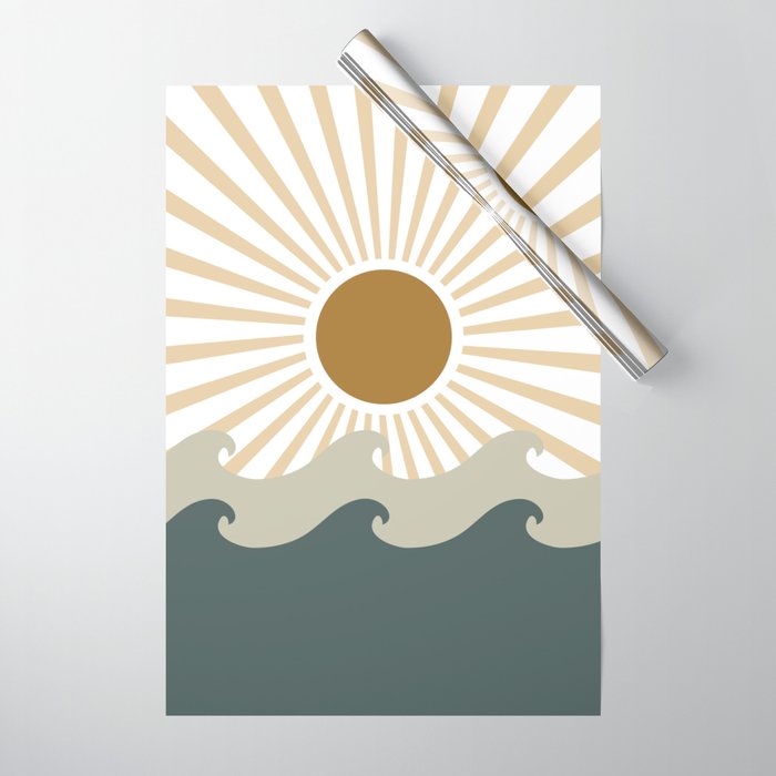Retro, Sun and Waves, Green and Gold Wrapping Paper Gallery Image 1