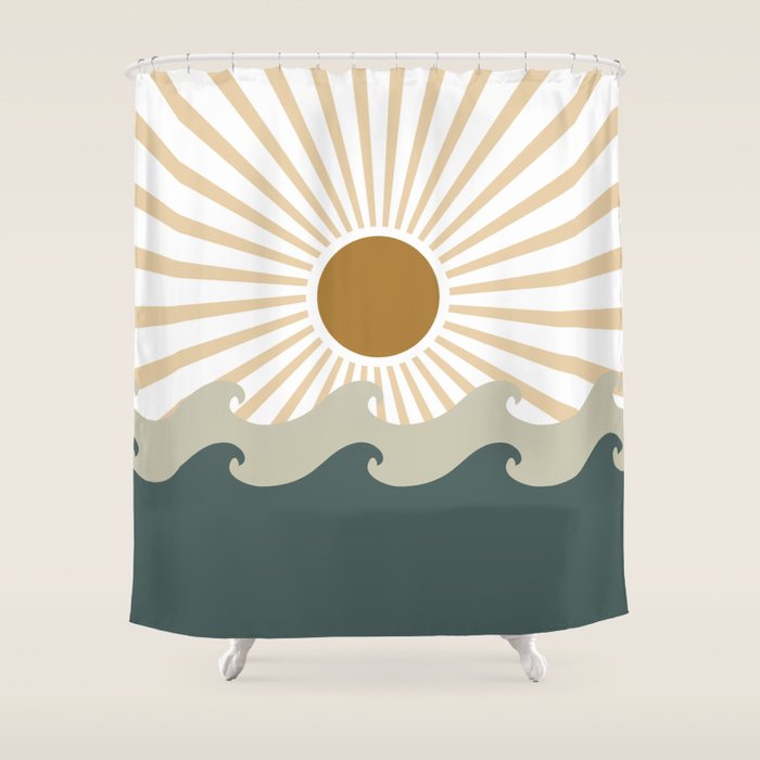 Retro, Sun and Waves, Green and Gold Shower Curtain Gallery Image 1