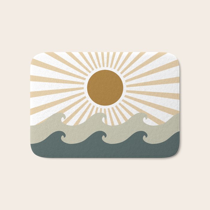 Retro, Sun and Waves, Green and Gold Bath Mat Gallery Image 1