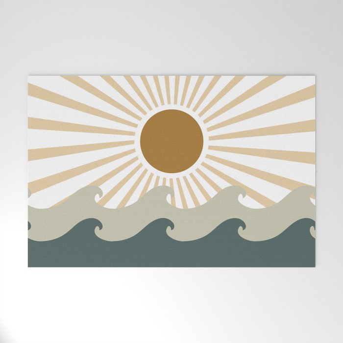 Retro, Sun and Waves, Green and Gold Welcome Mat Gallery Image 1