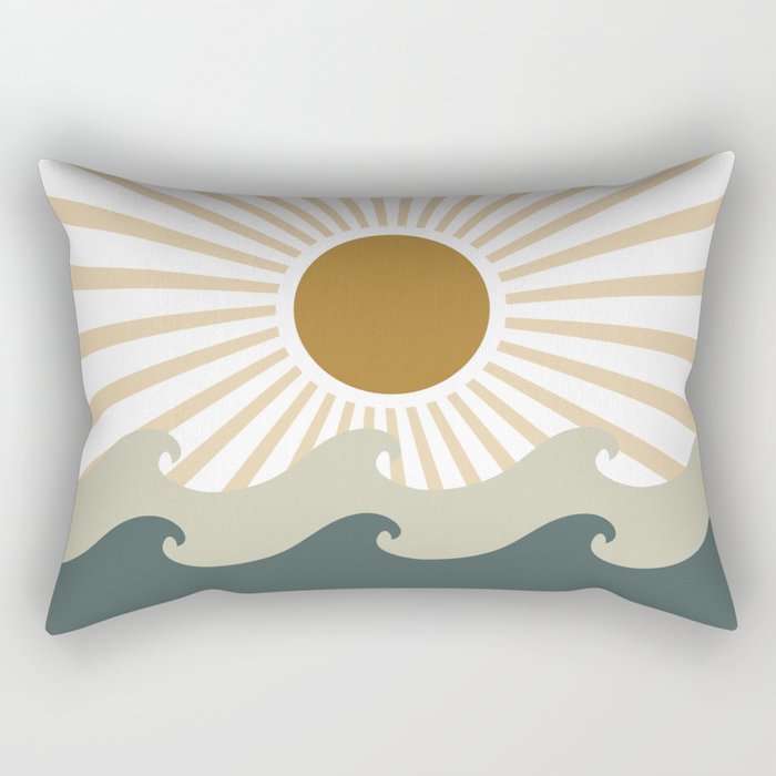 Retro, Sun and Waves, Green and Gold Rectangular Pillow Gallery Image 1