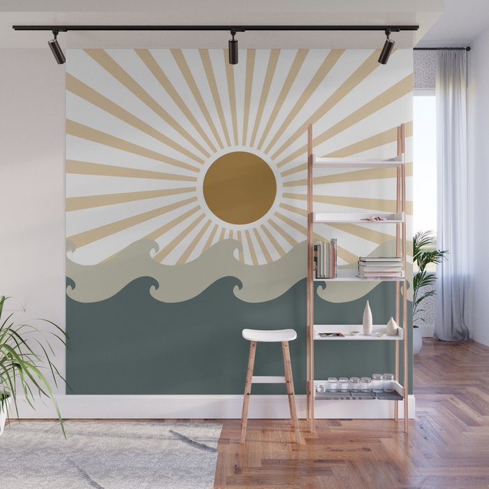 Retro, Sun and Waves, Green and Gold Wall Mural Gallery Image 1