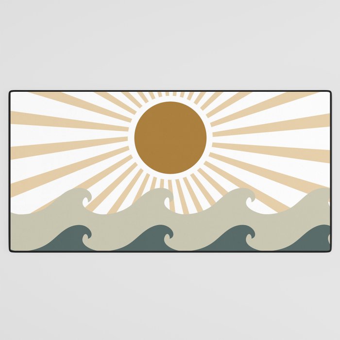 Retro, Sun and Waves, Green and Gold Desk Mat Gallery Image 3